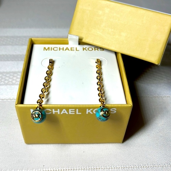NEW Michael Kors Turquoise earrings. Gold tone. Hanging. MK on turquoise. Box in - Picture 1 of 10